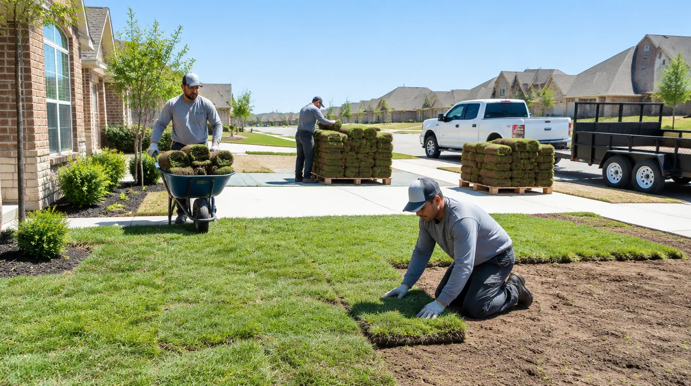 Illustrative image of a landscaping crew laying fresh sod in a Texas front yard