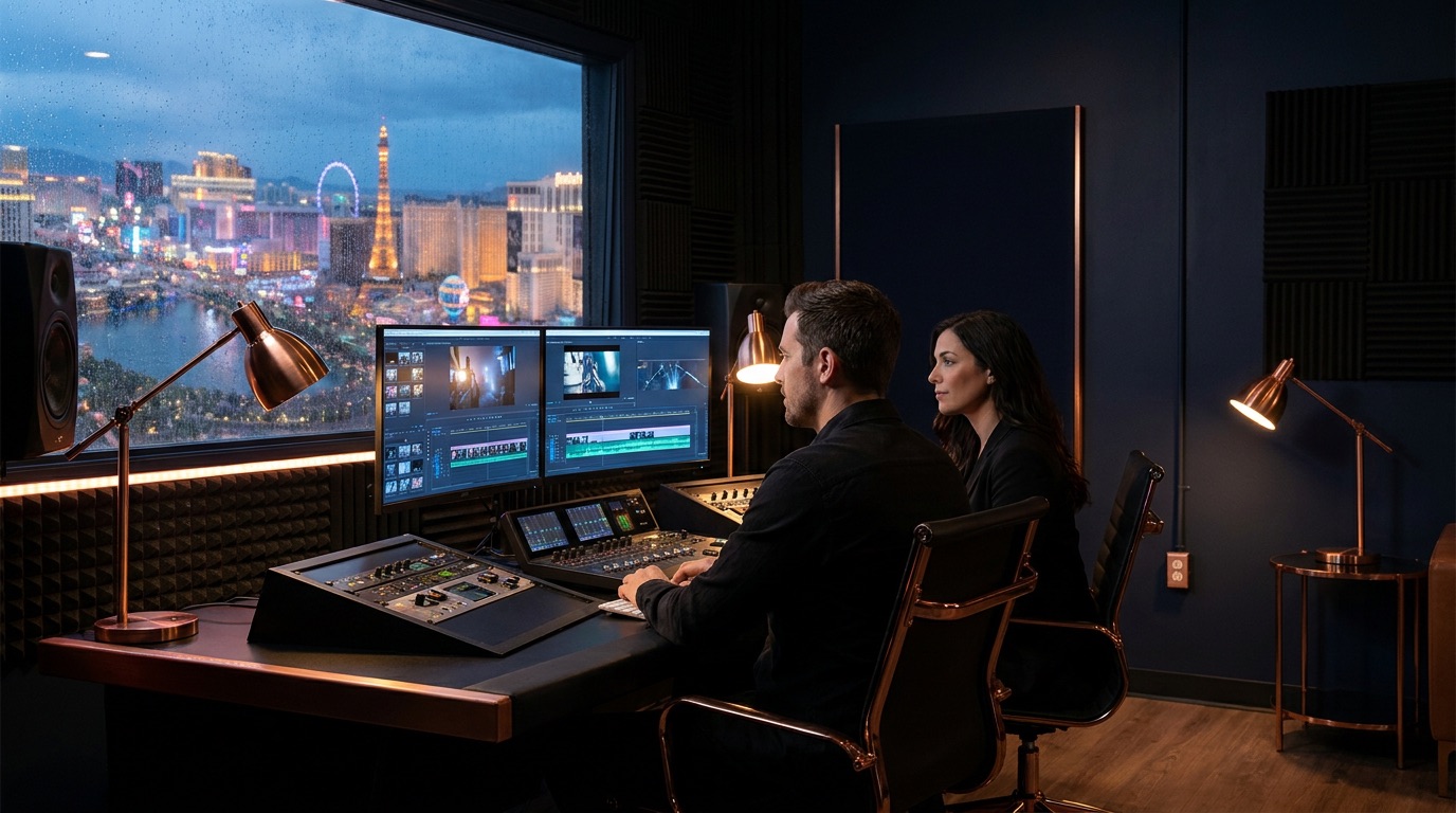 Las Vegas video editors at a dual-monitor edit bay