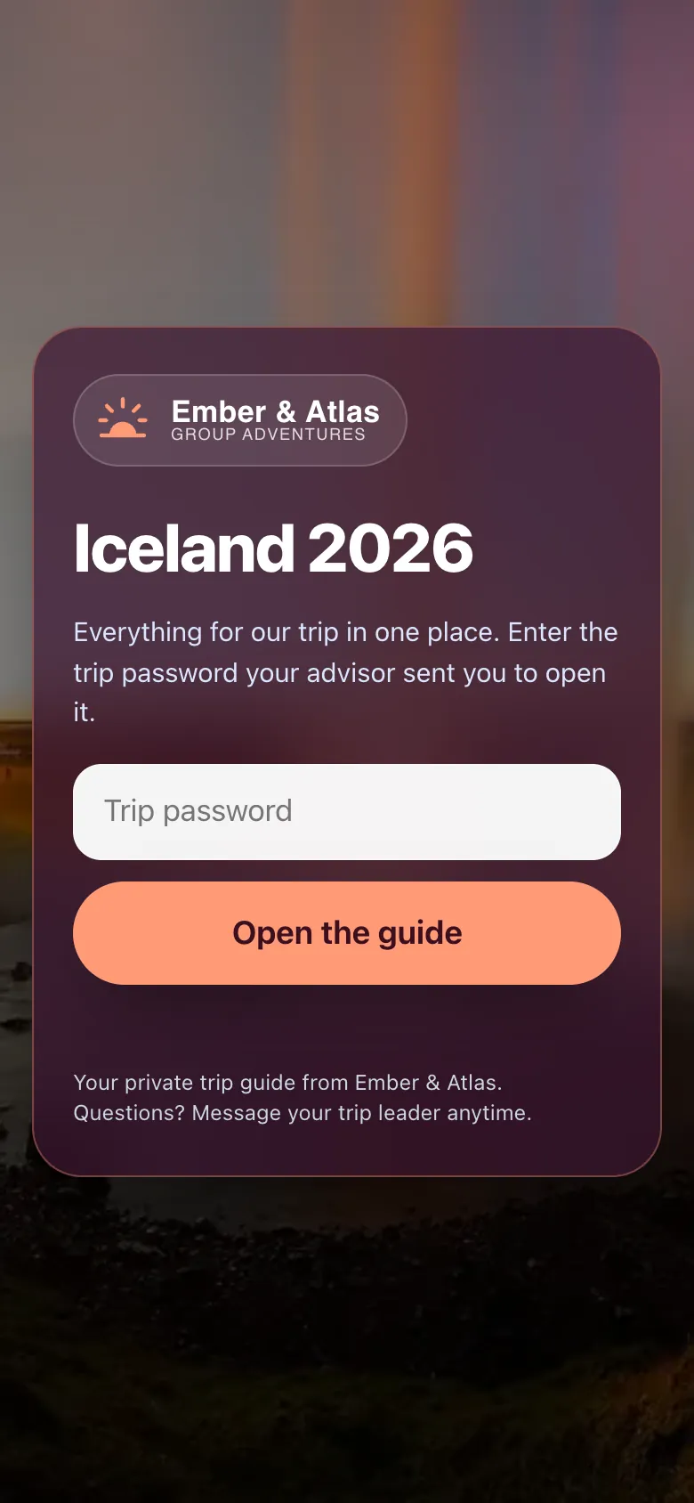 The lock screen of the guide branded with the Ember & Atlas sample logo and colors