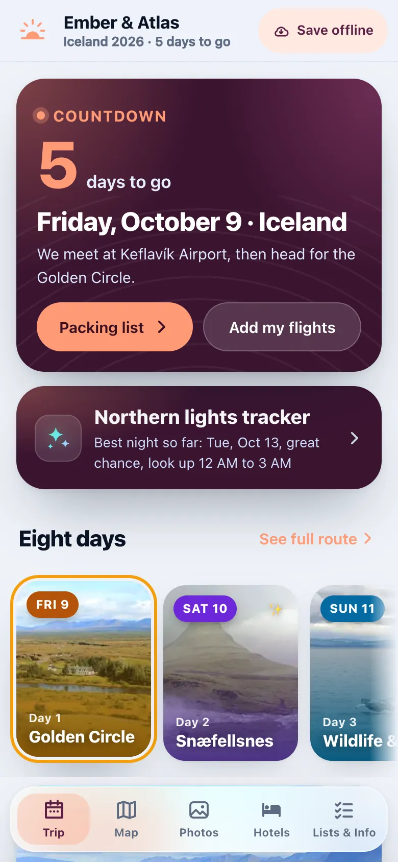 The trip tab of the guide branded as the sample brand Ember & Atlas