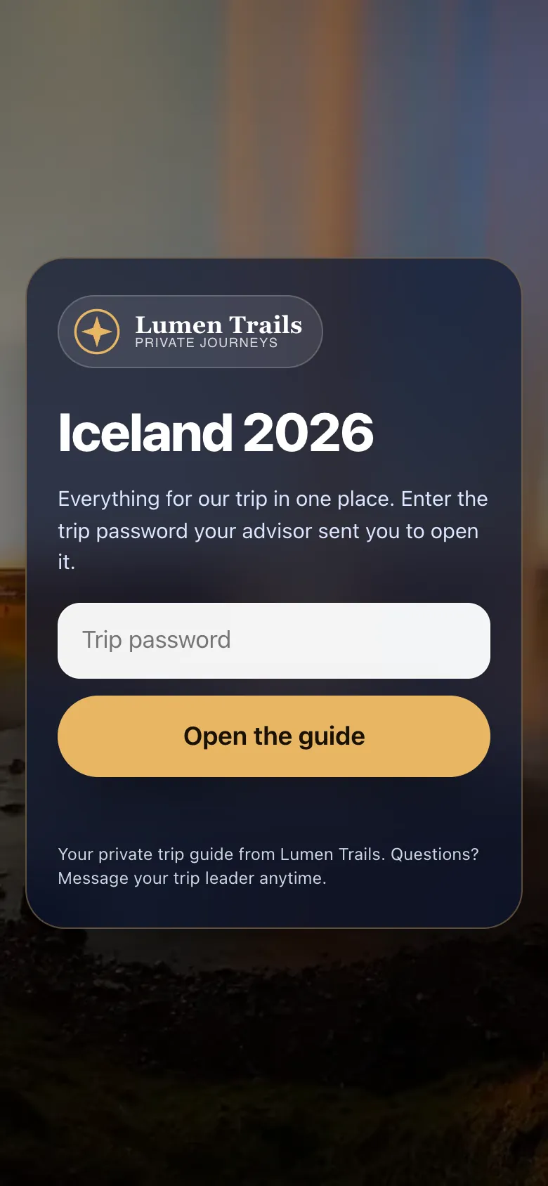 The lock screen of the guide branded with the Lumen Trails sample logo and colors
