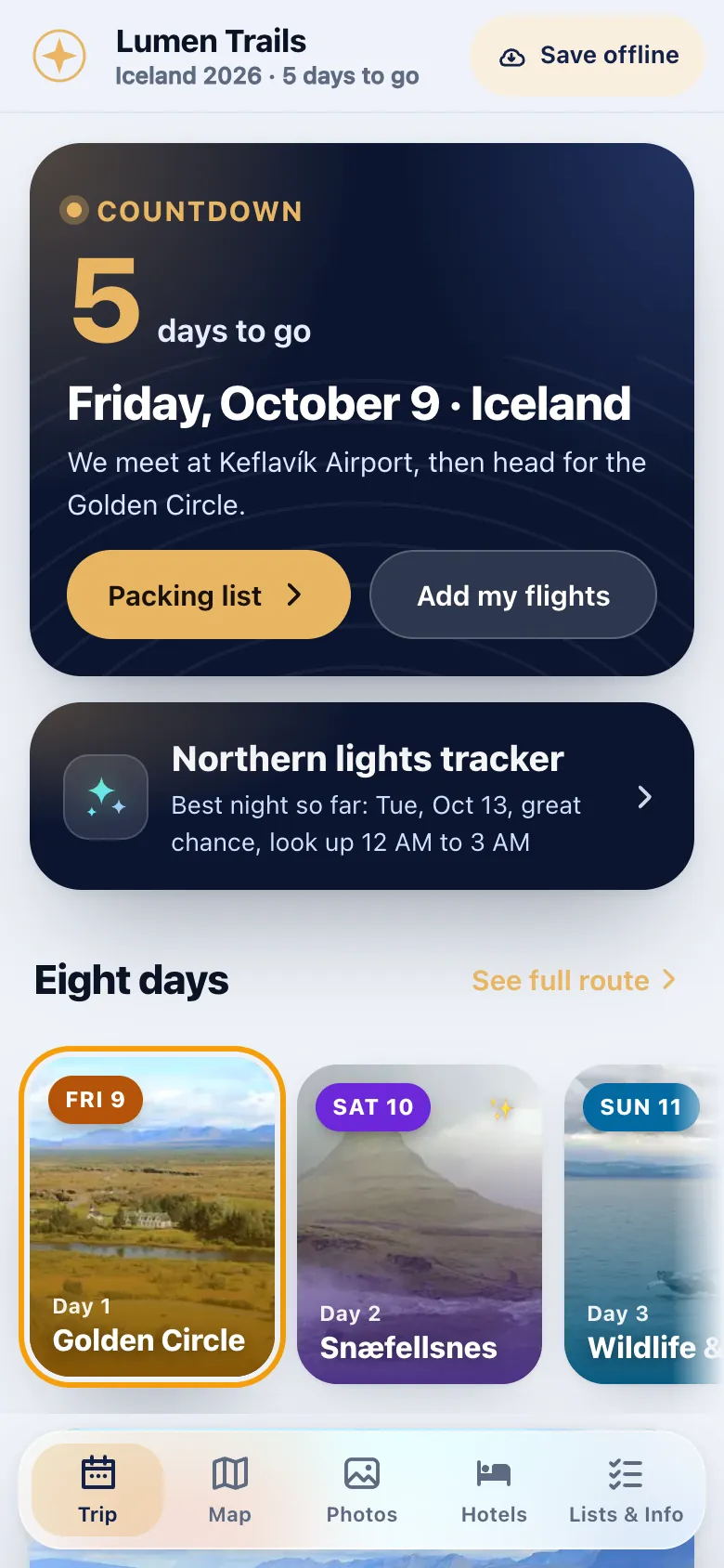 The trip tab of the guide branded as the sample brand Lumen Trails