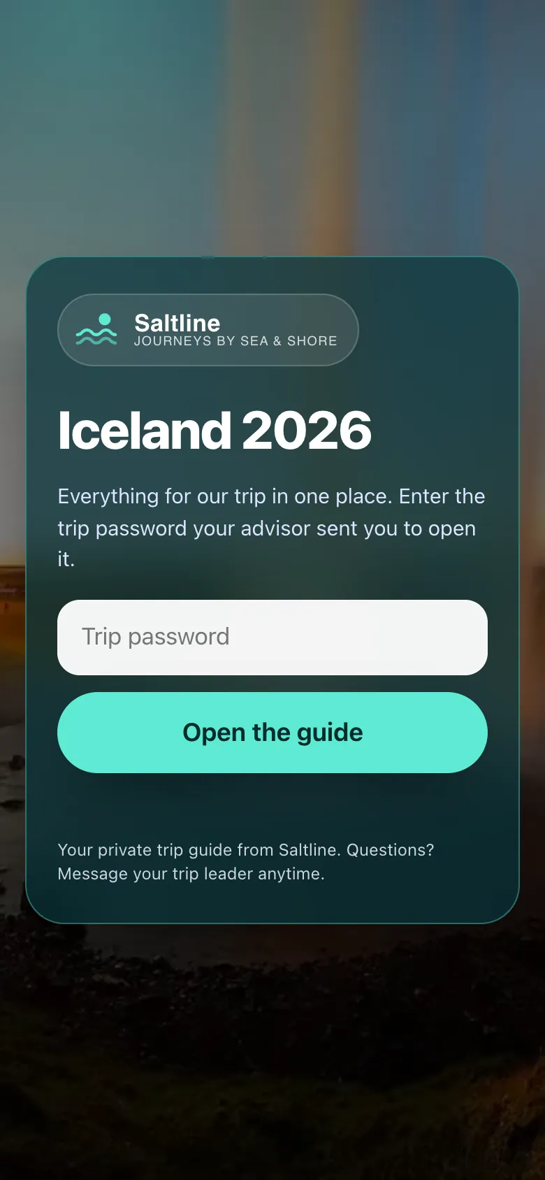 The lock screen of the guide branded with the Saltline sample logo and colors