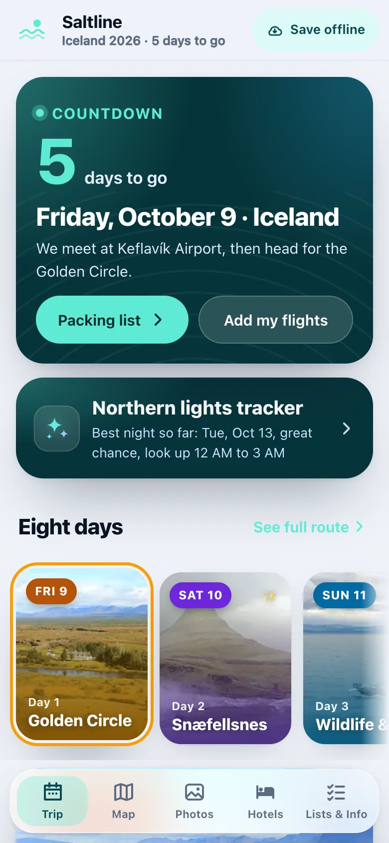 The trip tab of the guide branded as the sample brand Saltline