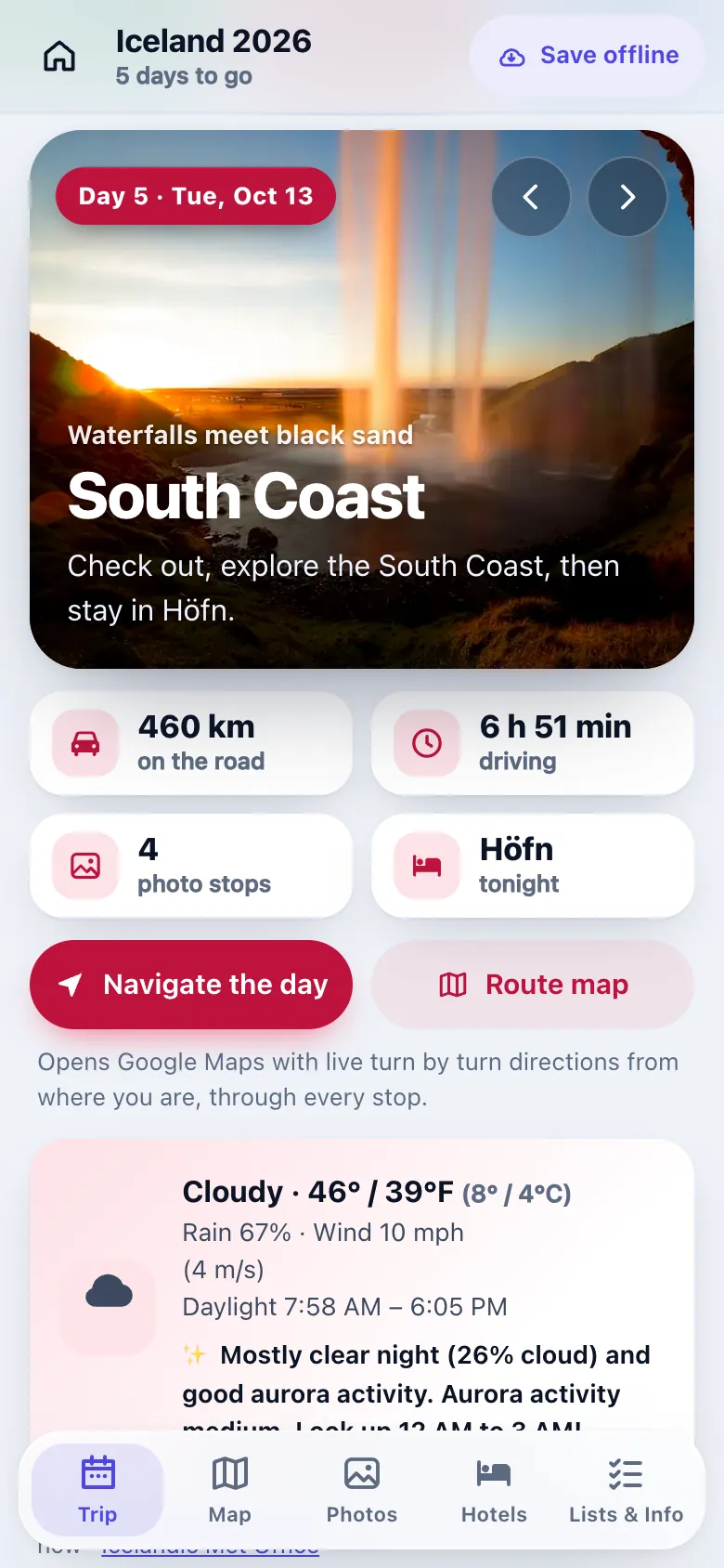 One day of a trip guide: a hero photo, distance, driving time, hotel and a Navigate the day button