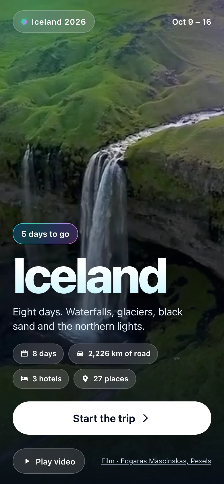 The welcome screen of the Iceland trip guide with a waterfall video and a Start the trip button
