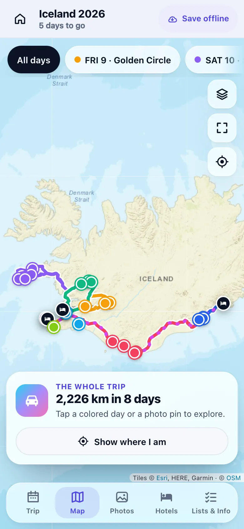 A map of the full route on real roads with color-coded days and photo pins