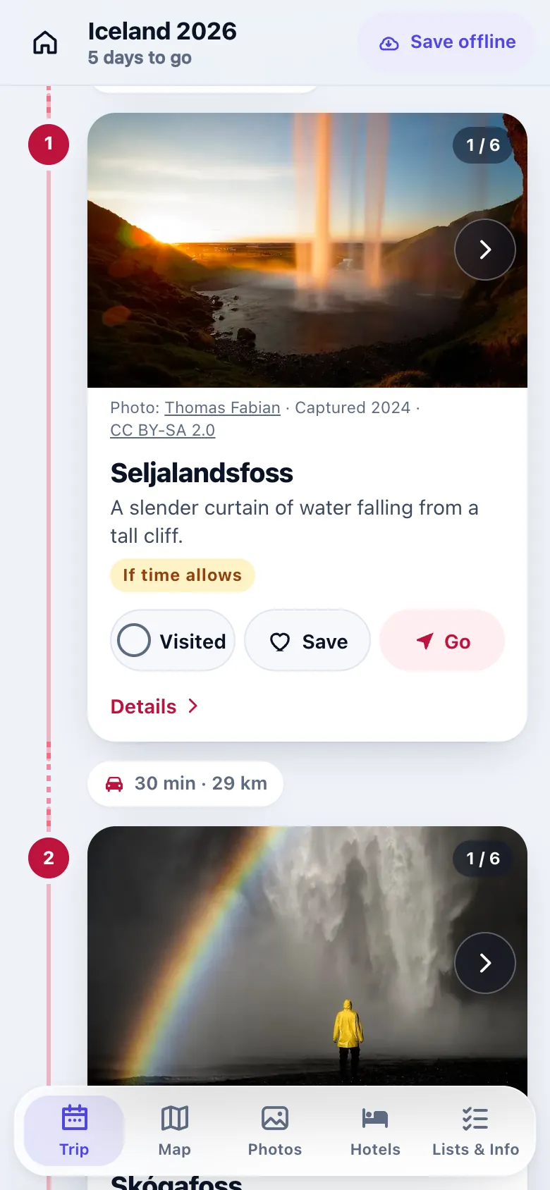 A stop card with a photo carousel and Visited, Save and Go buttons