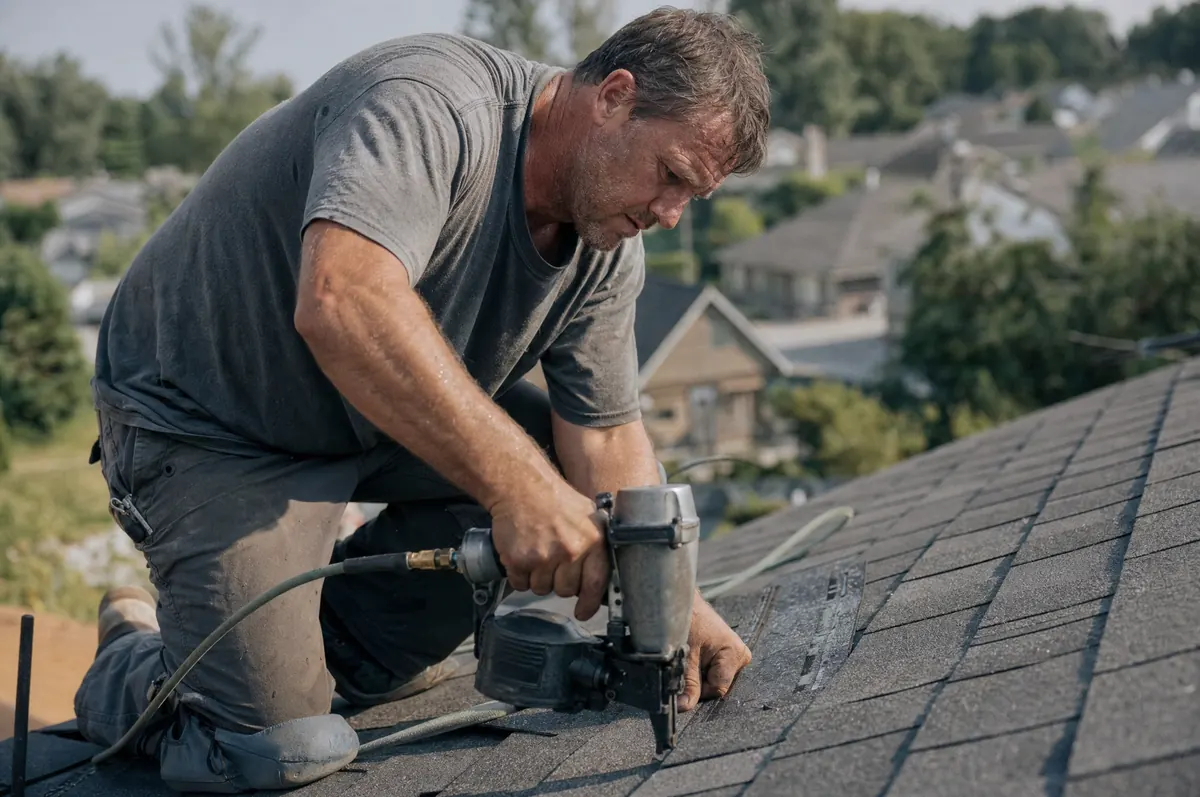 AI generated concept frame of a roofer using a nail gun on a residential roof