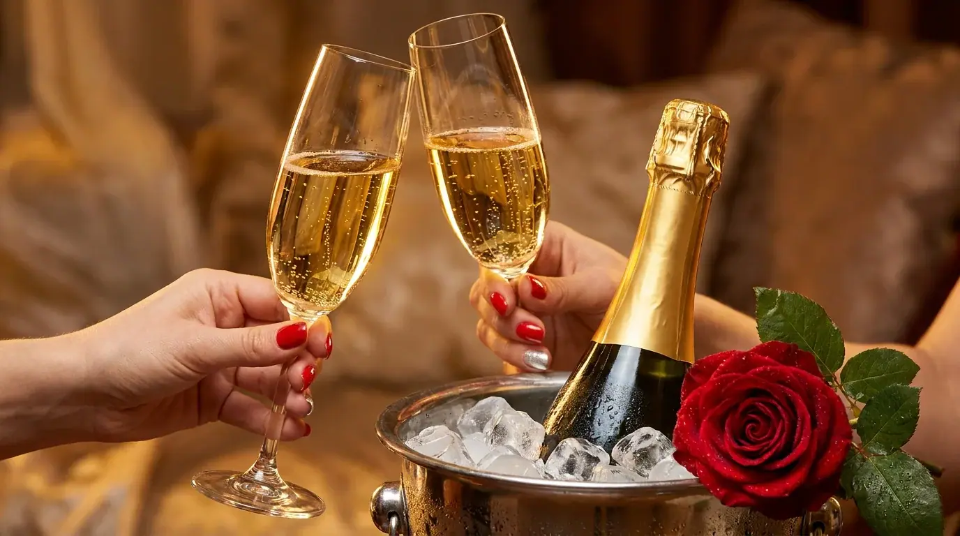Champagne detail styled in a hotel guest room