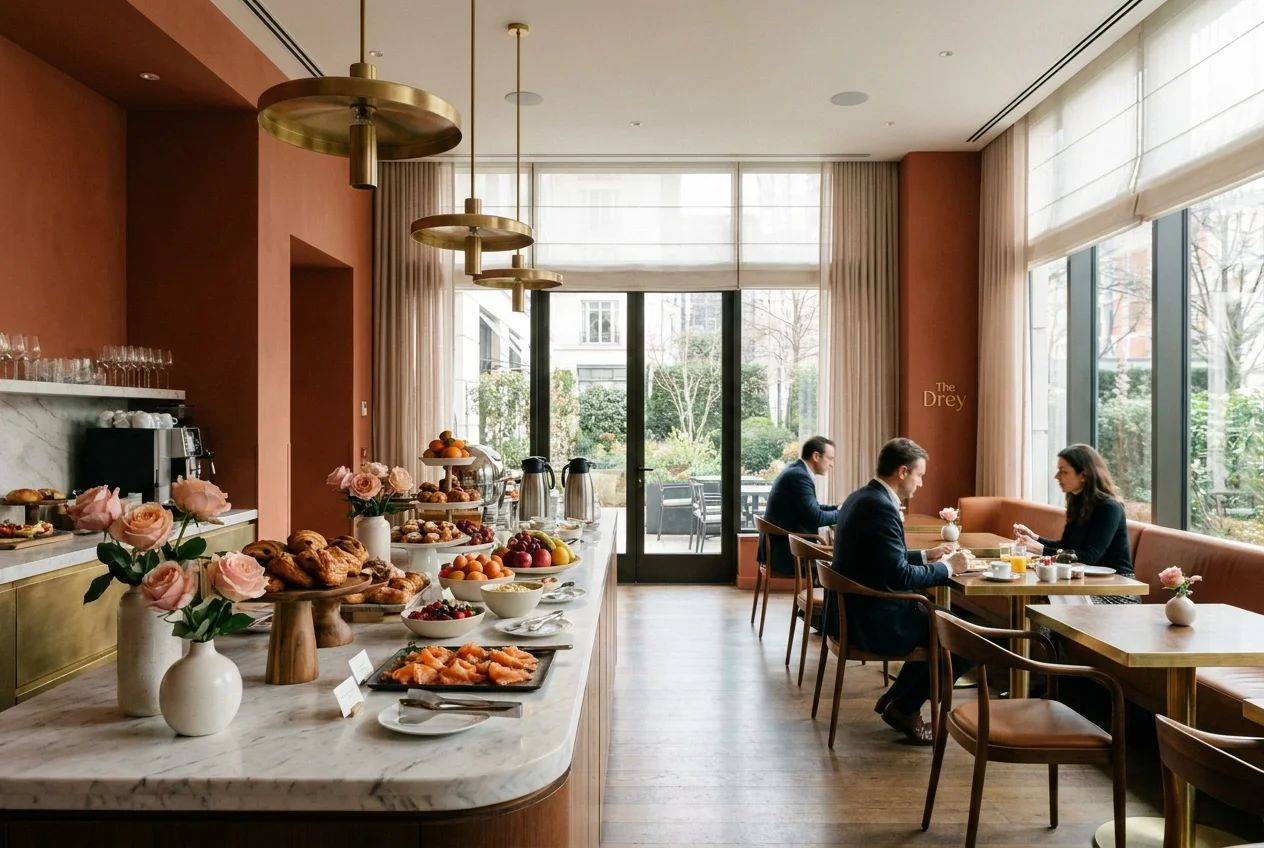 Breakfast served in a hotel room, lifestyle hospitality photograph