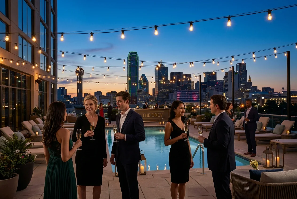 Rooftop hotel space photographed in evening light