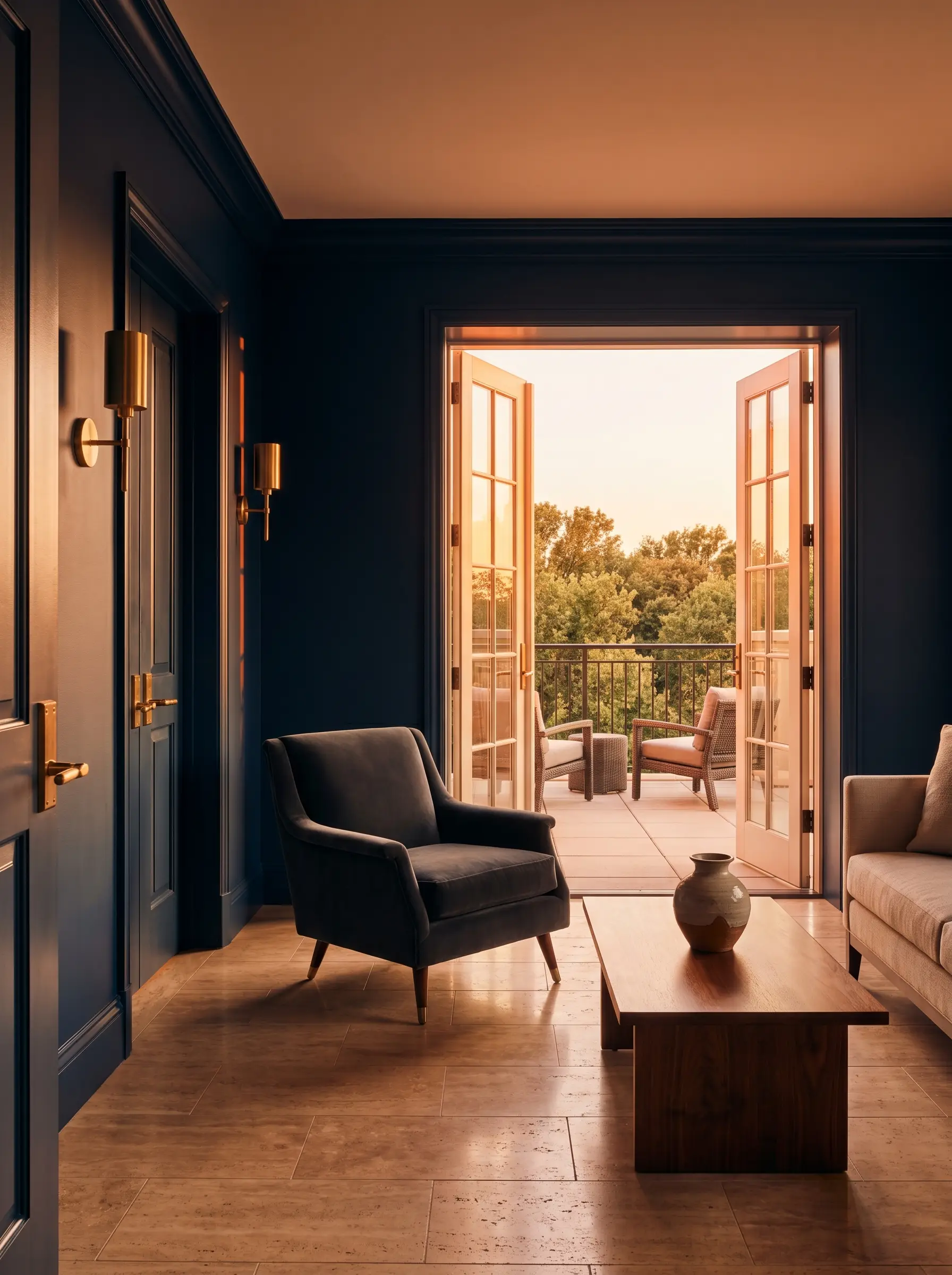 Hotel suite interior photographed with balanced window and interior light