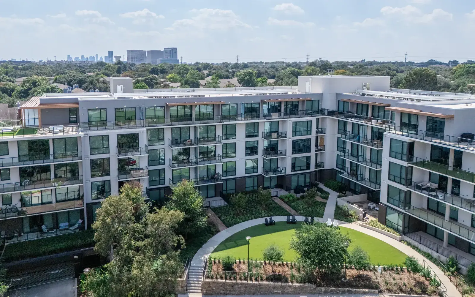 Aerial courtyard photograph at The Drey Hotel in Dallas
