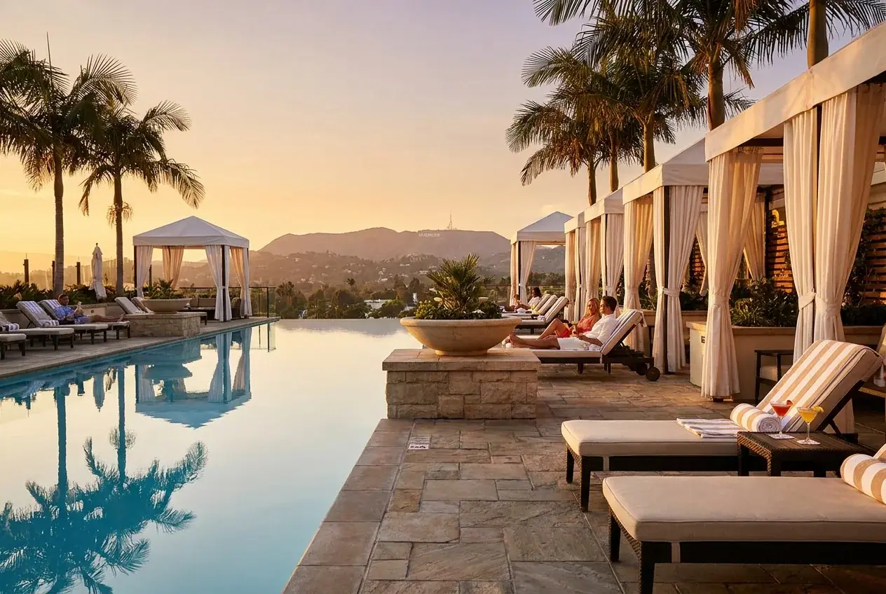Resort pool deck photographed in late afternoon light