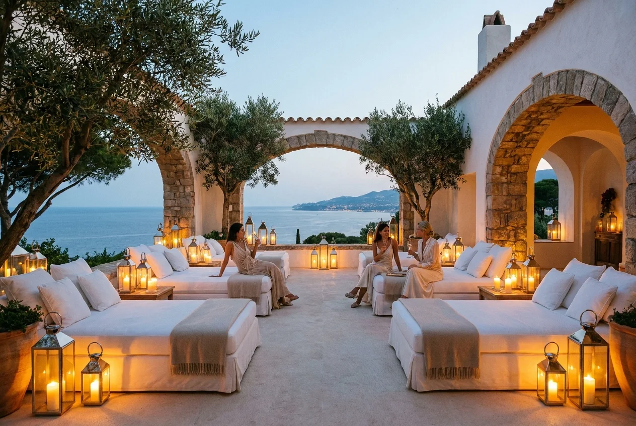Hotel terrace photographed at dusk