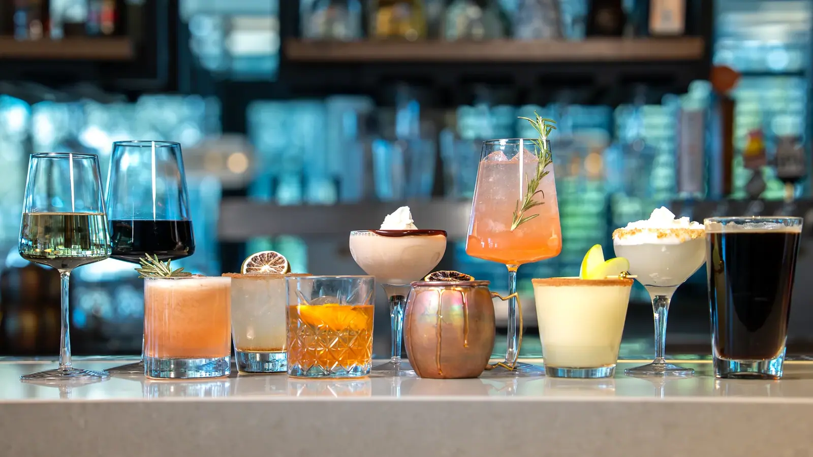 Bar spread of multiple drinks photographed together